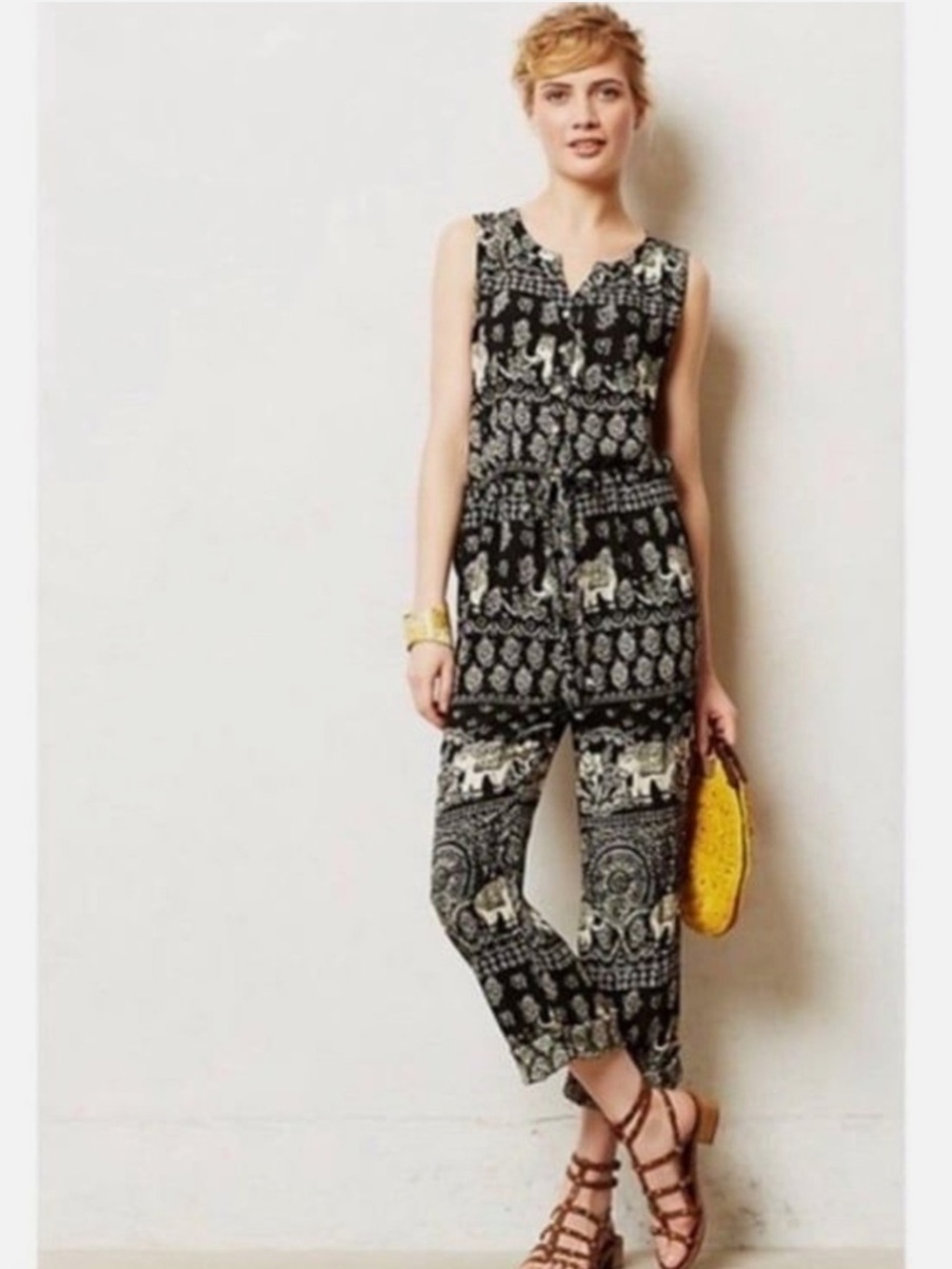 Anthropologie Black & Cream Elephant-Print Sleeveless Drawstring Jumpsuit